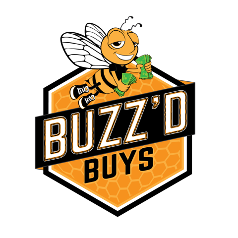 Buzz'd Buys logo: a bee holding cash on a honeycomb hexagon